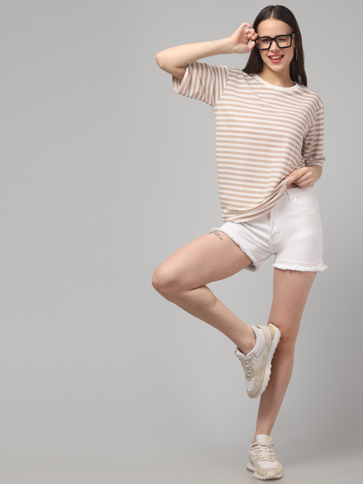 Beige Striped Oversized T-Shirt
