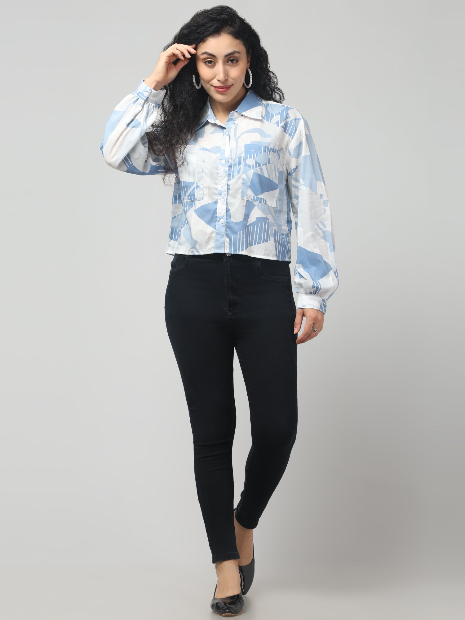 Blue & White Abstract Print Shirt with Balloon Sleeves