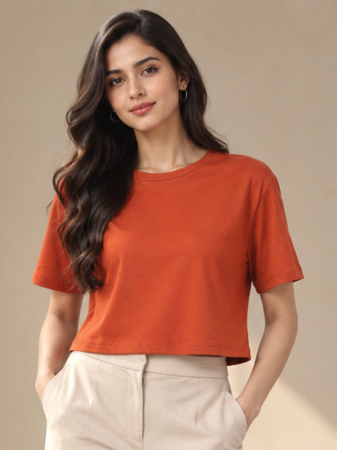 Women’s Rust Cotton Cropped T-Shirt with Crew Neck and Short Sleeves