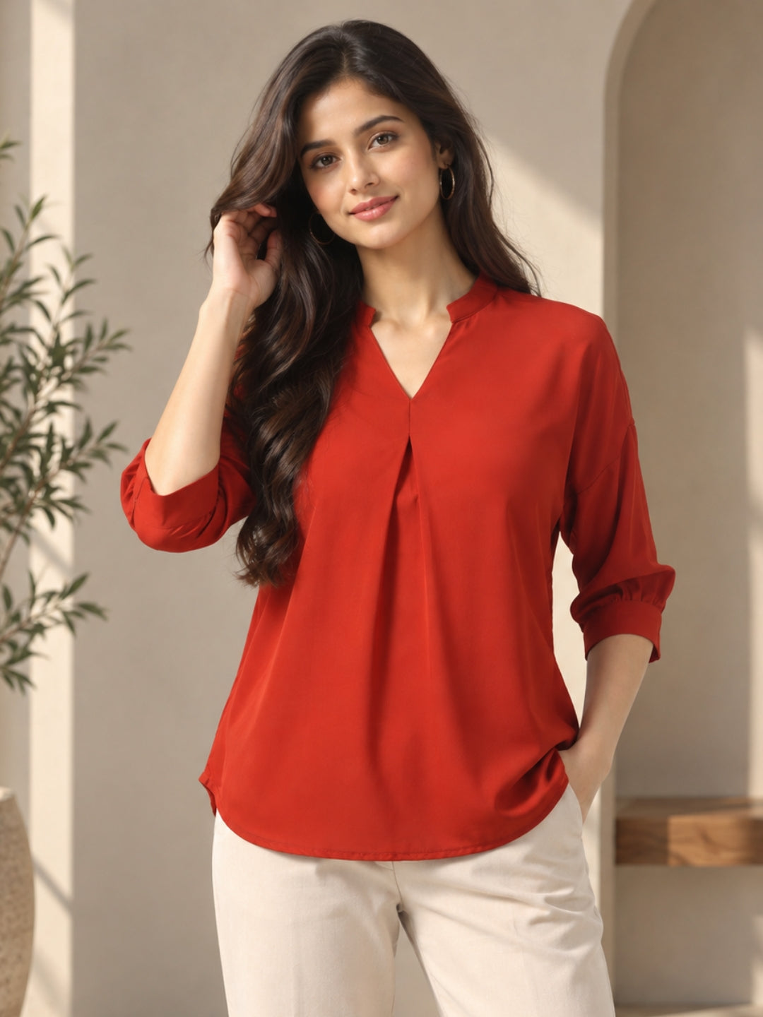 Living CO Women Rust Viscose Blend V Neck Three Quarter Sleeves Stitched Casual Top