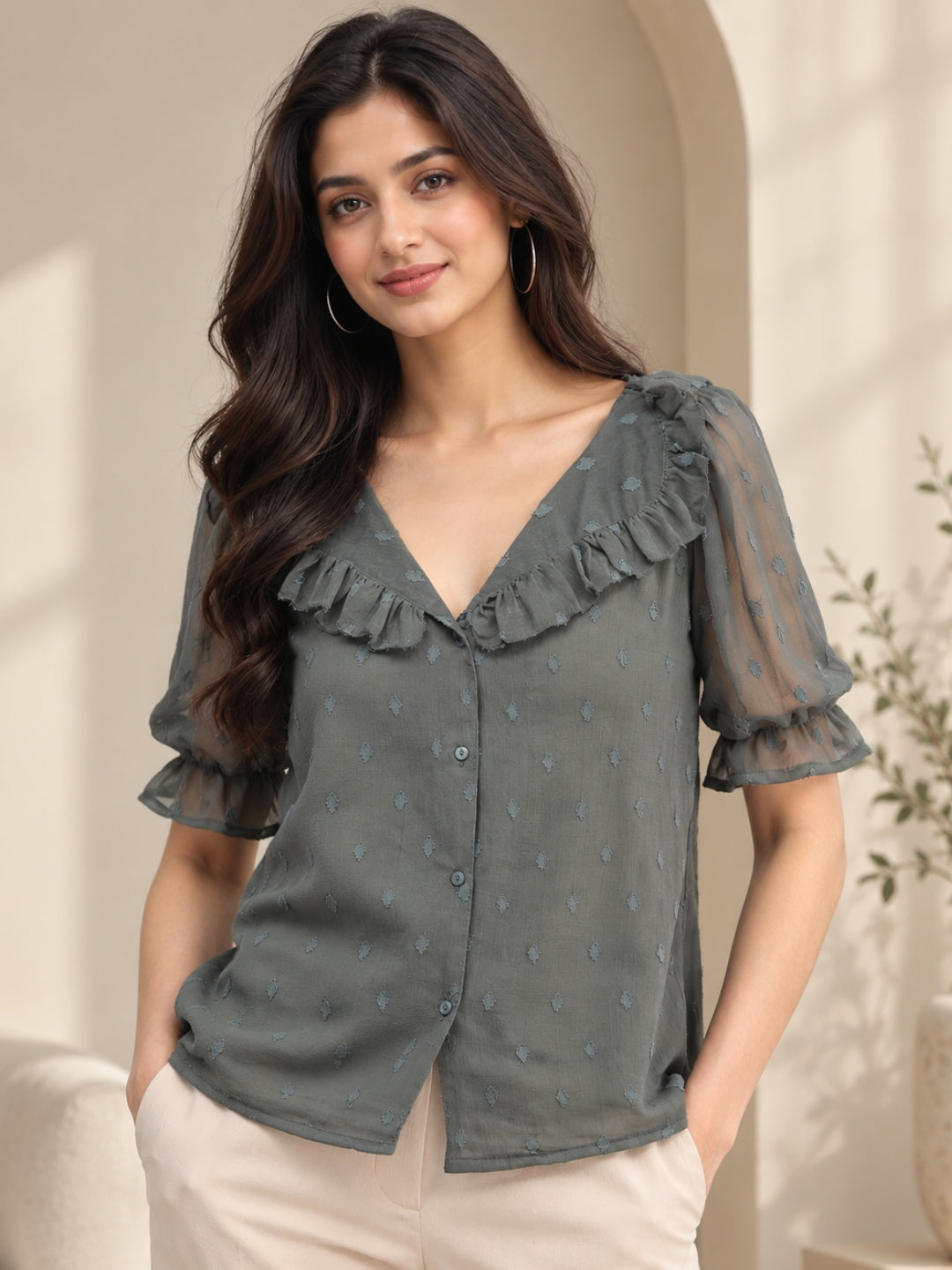 Women’s Elegant Olive Green Ruffled V-Neck Button-Front Sheer Sleeve Casual Top