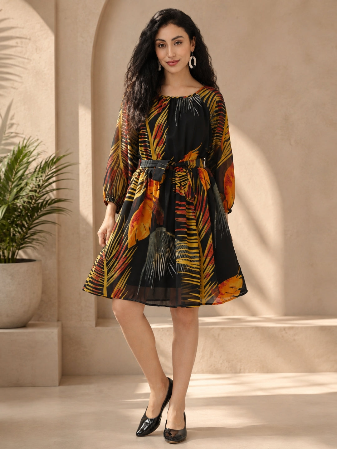 Living CO Women Multicolor Georgette Round Neck Bell Sleeves Stitched Printed Knee Length One Piece Dress