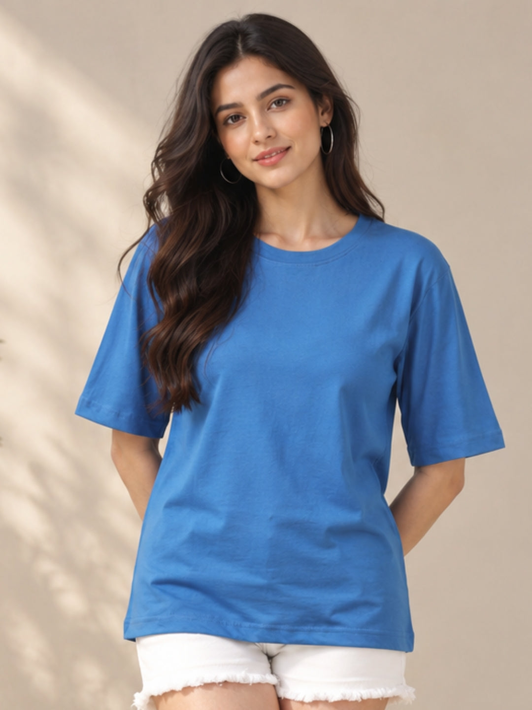 Living CO Women Blue Cotton Round Neck Half Sleeves Stitched Casual T Shirt