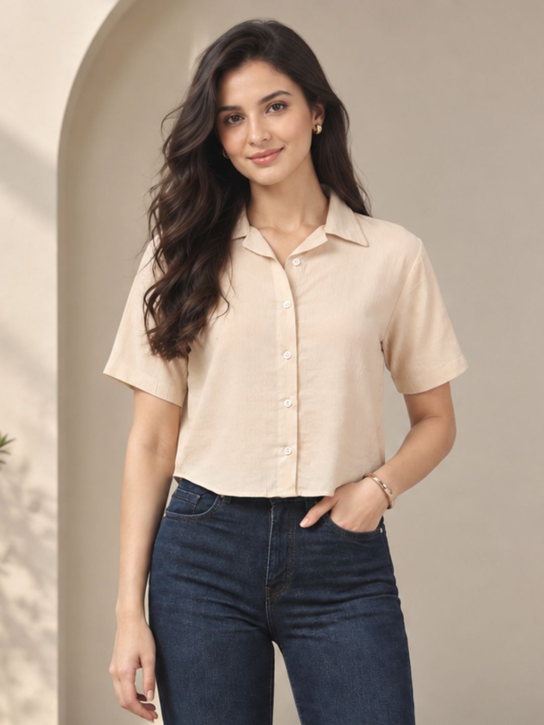 Women’s Beige Cotton Crepe Cropped Collared Shirt