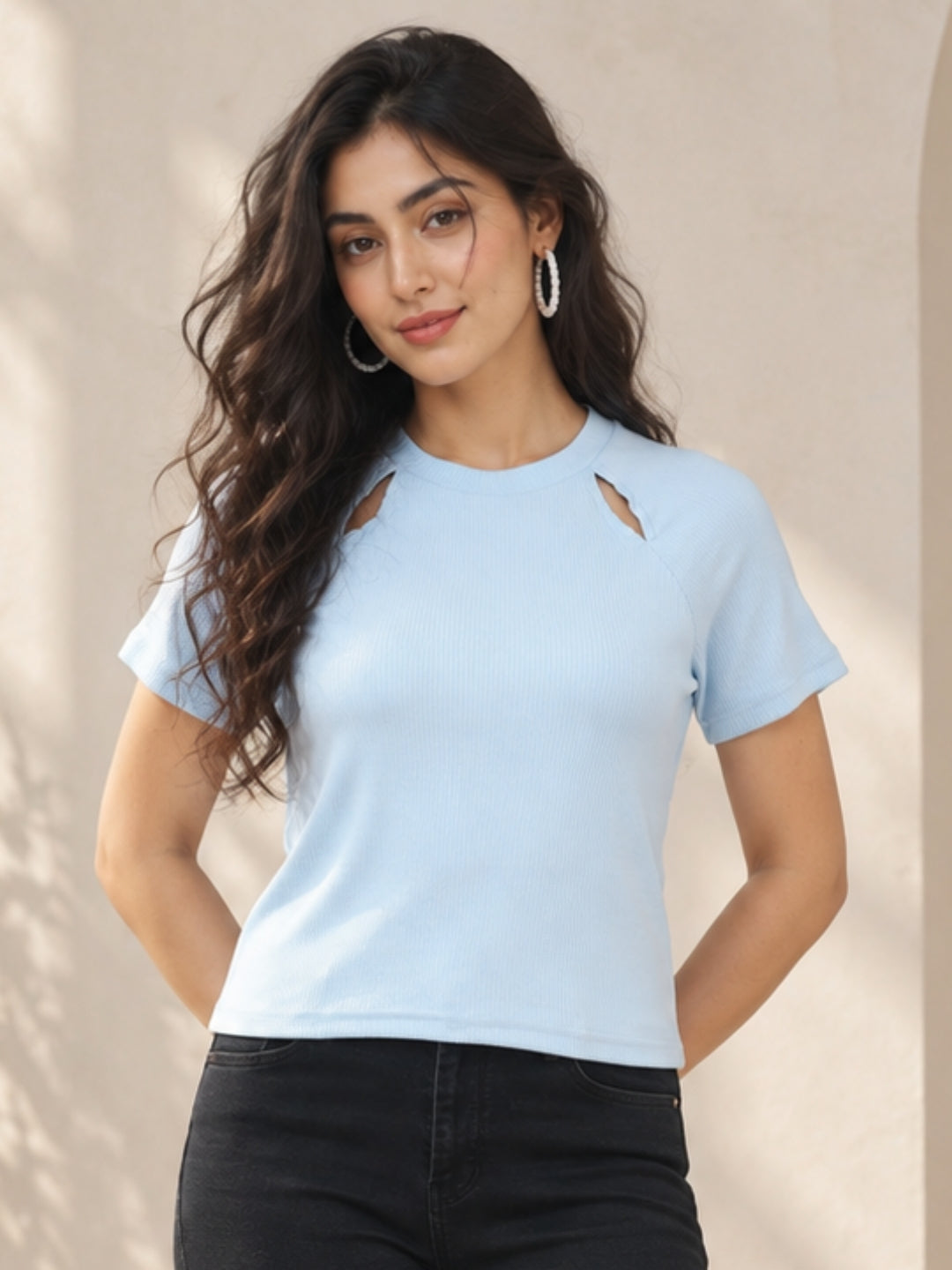 Living CO Women Sky Blue Ribbed Round Neck Short Sleeves Stitched Casual Top