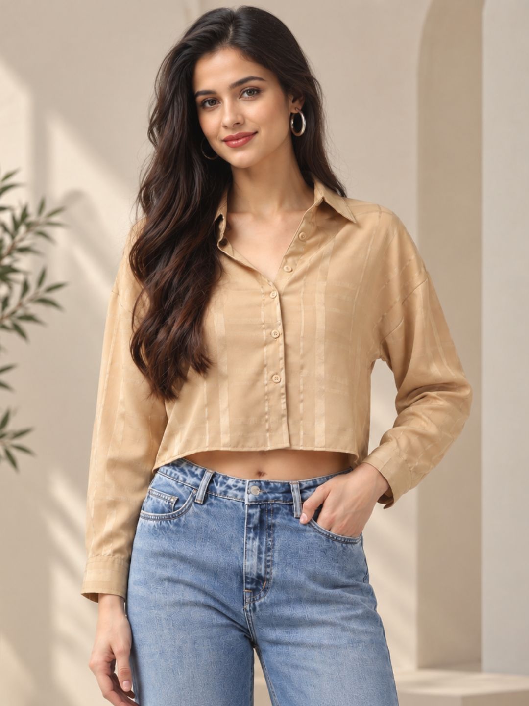 Women’s Beige Checked Cropped Full Sleeve Collared Button-Down Crop Top with Subtle Check Pattern