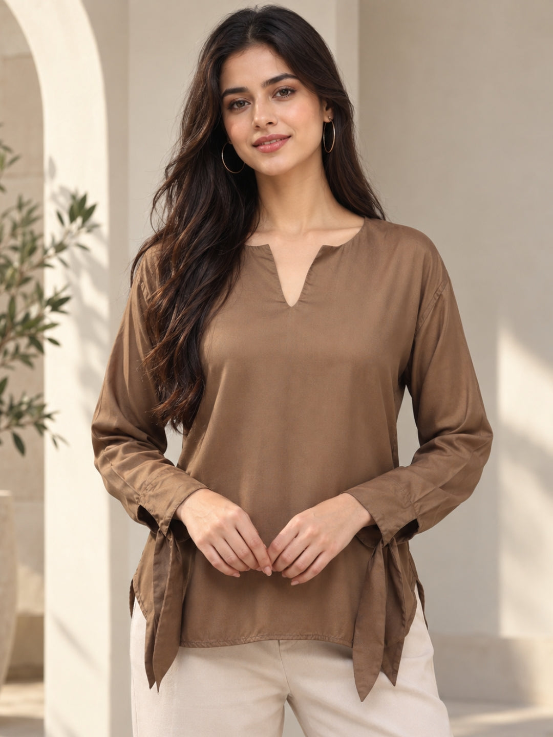 Women's Mocha Brown V-Neck Tunic Top with Tie-Up Cuffs