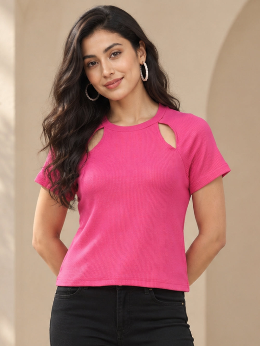 Living CO Women Dark Pink Ribbed Round Neck Short Sleeves Stitched Casual Top