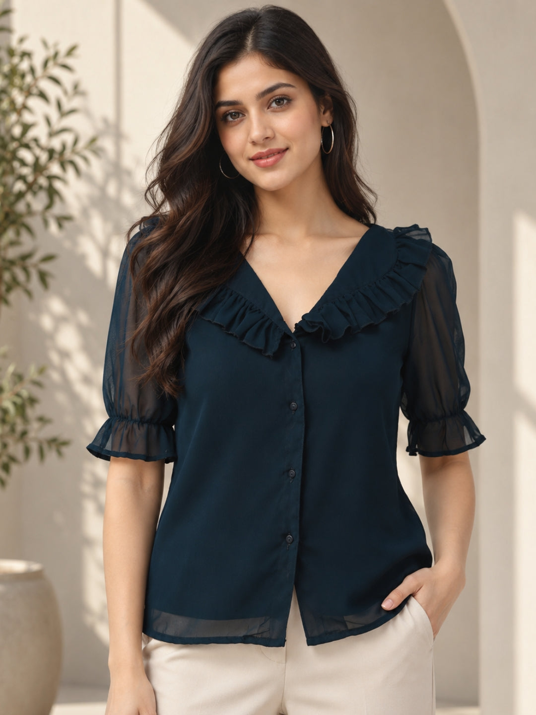 Women's Teal Blue Ruffled V-Neck Button-Down Blouse