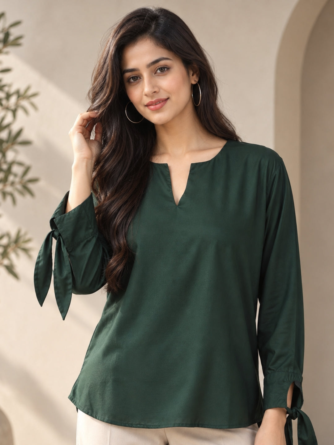 Women’s Dark Green Tie-Sleeve V-Neck Top