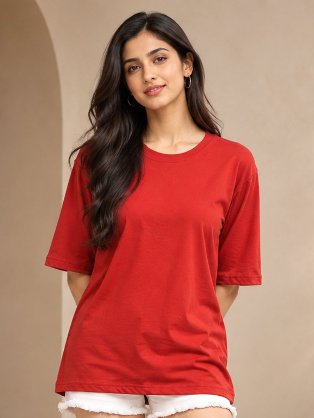 Living CO Women Red Cotton Round Neck Half Sleeves Stitched Casual T Shirt