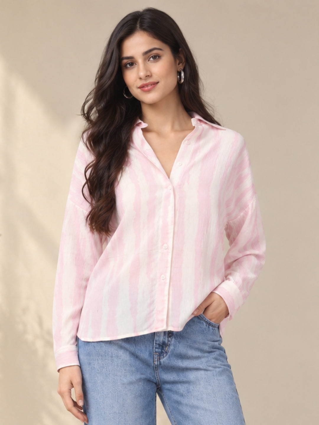 Soft Pink Textured Striped Shirt for Women