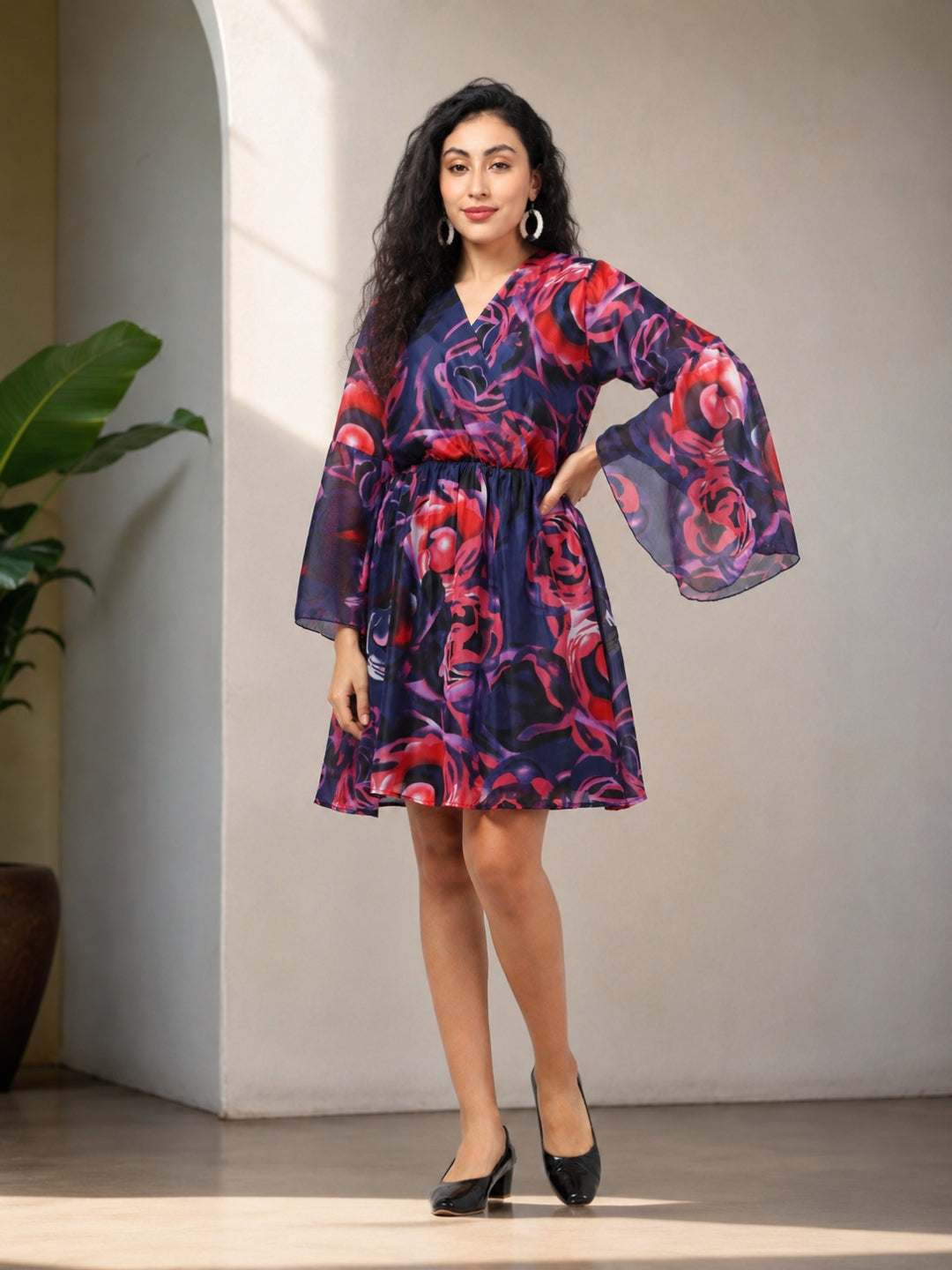 Living CO Women Multicolor Georgette V Neck Flared Sleeves Stitched Printed Knee Length One Piece Dress