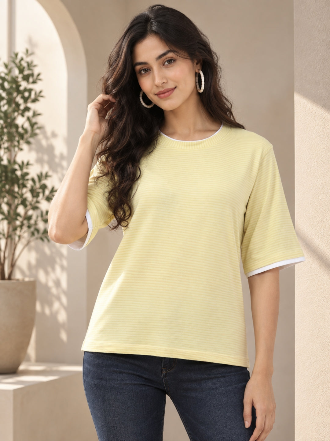 Living CO Women Light Yellow Cotton Oversized Half Sleeves Round Neck Stitched Jersey T-Shirt