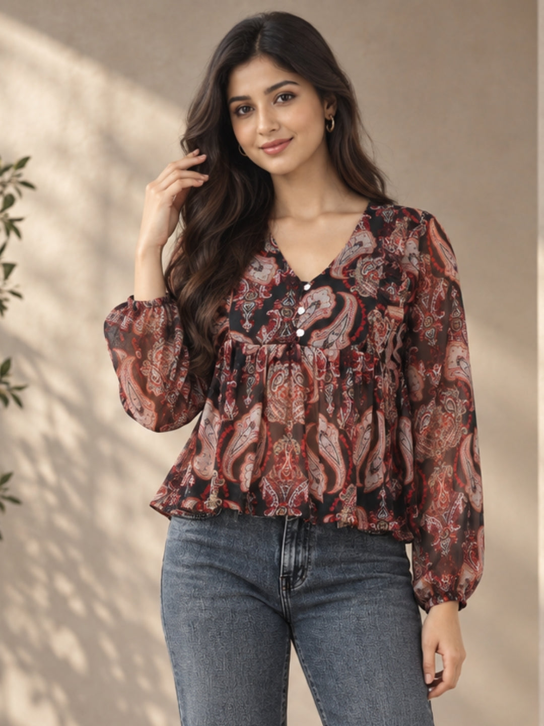 Living CO Women Black Red Paisley Viscose Georgette V Neck Long Sleeves Peplum Top