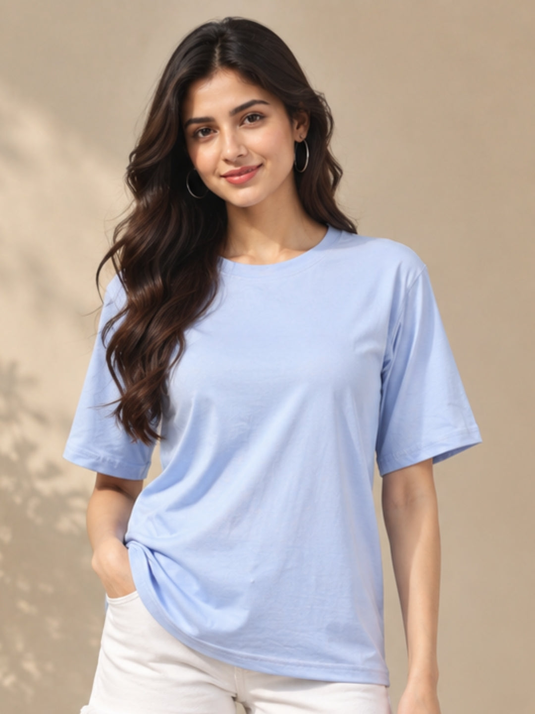 Living CO Women Powder Blue Cotton Round Neck Half Sleeves Stitched Casual T Shirt