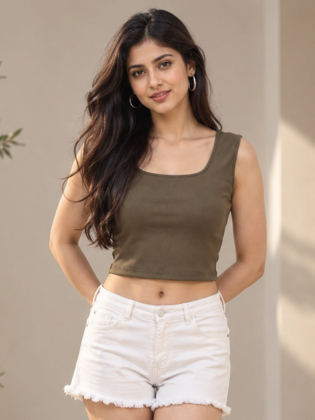 Women’s Olive Green Sleeveless Ribbed Scoop Neck Fitted Crop Top for Casual Wear