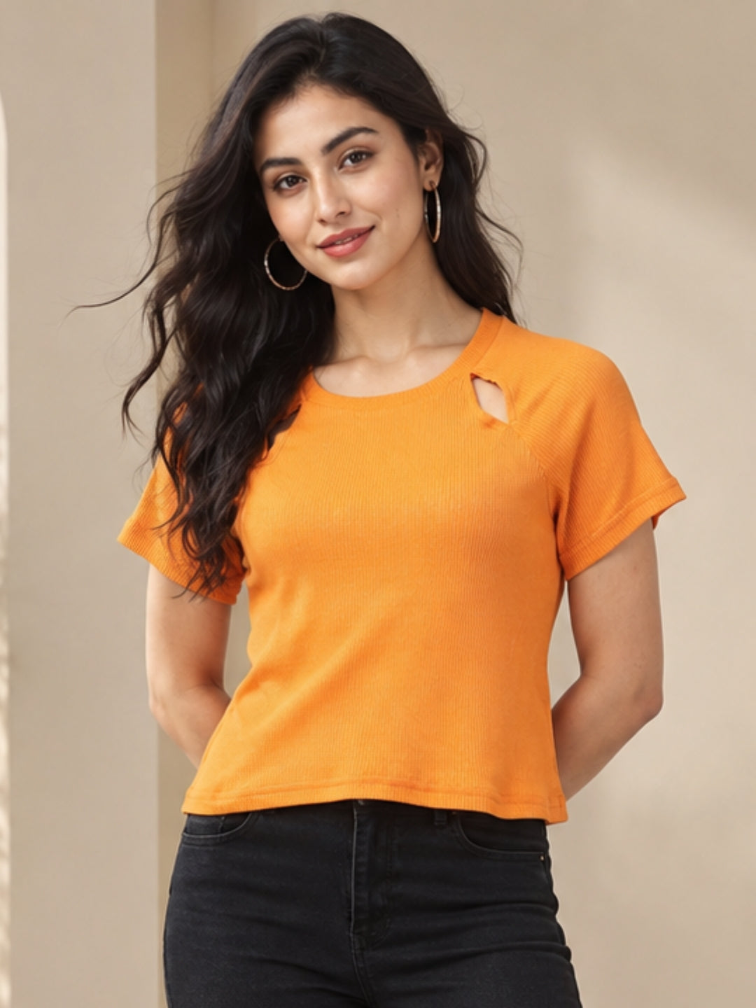 Living CO Women Light Yellow Ribbed Round Neck Short Sleeves Stitched Casual Top