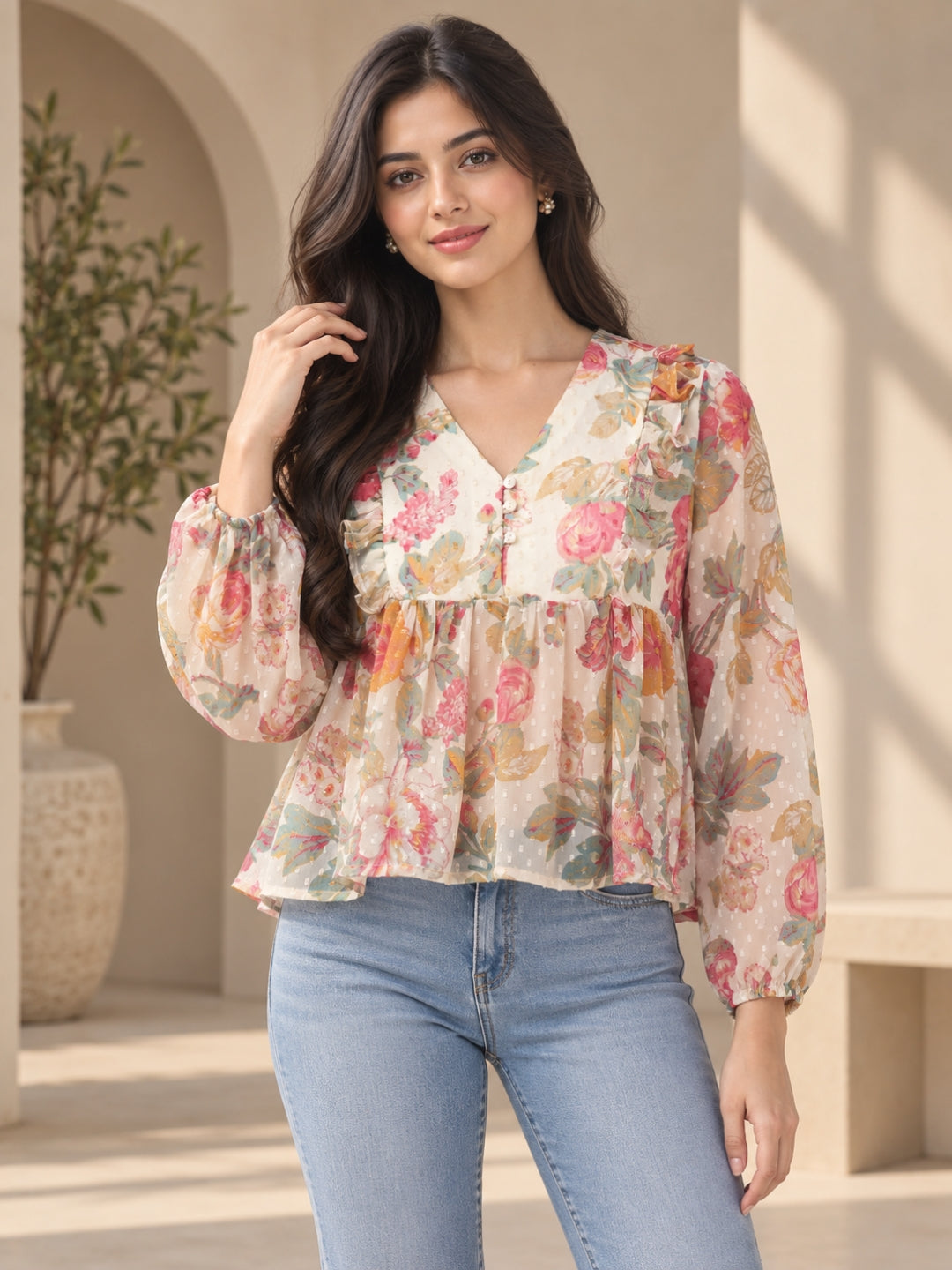 Living CO Women Beige Floral Viscose Chiffon Georgette V Neck Ruffled Peplum Top