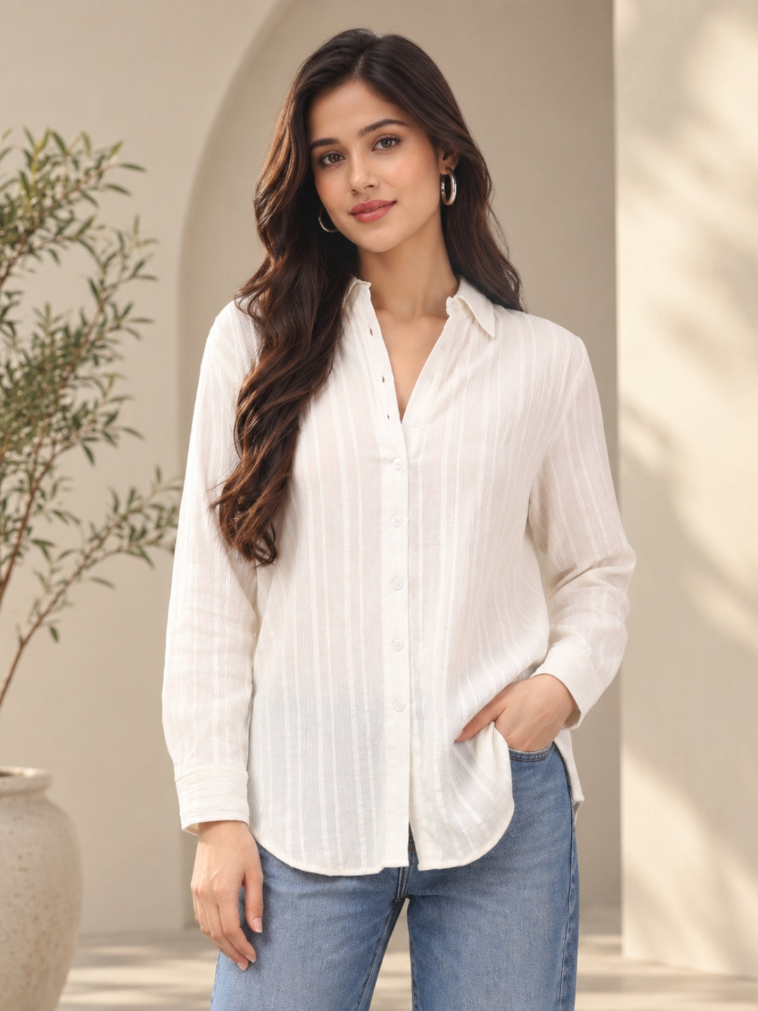Women’s White Textured Striped Relaxed Fit Shirt