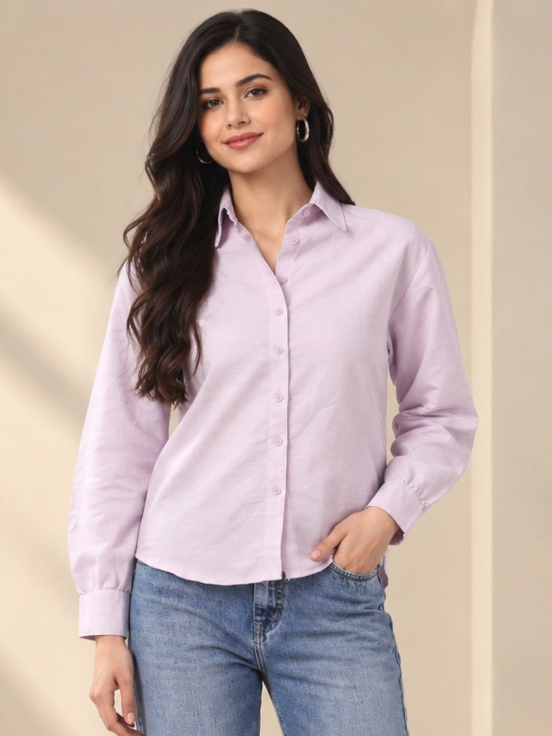 Women’s Light Pink Solid Full Sleeve Collared Shirt