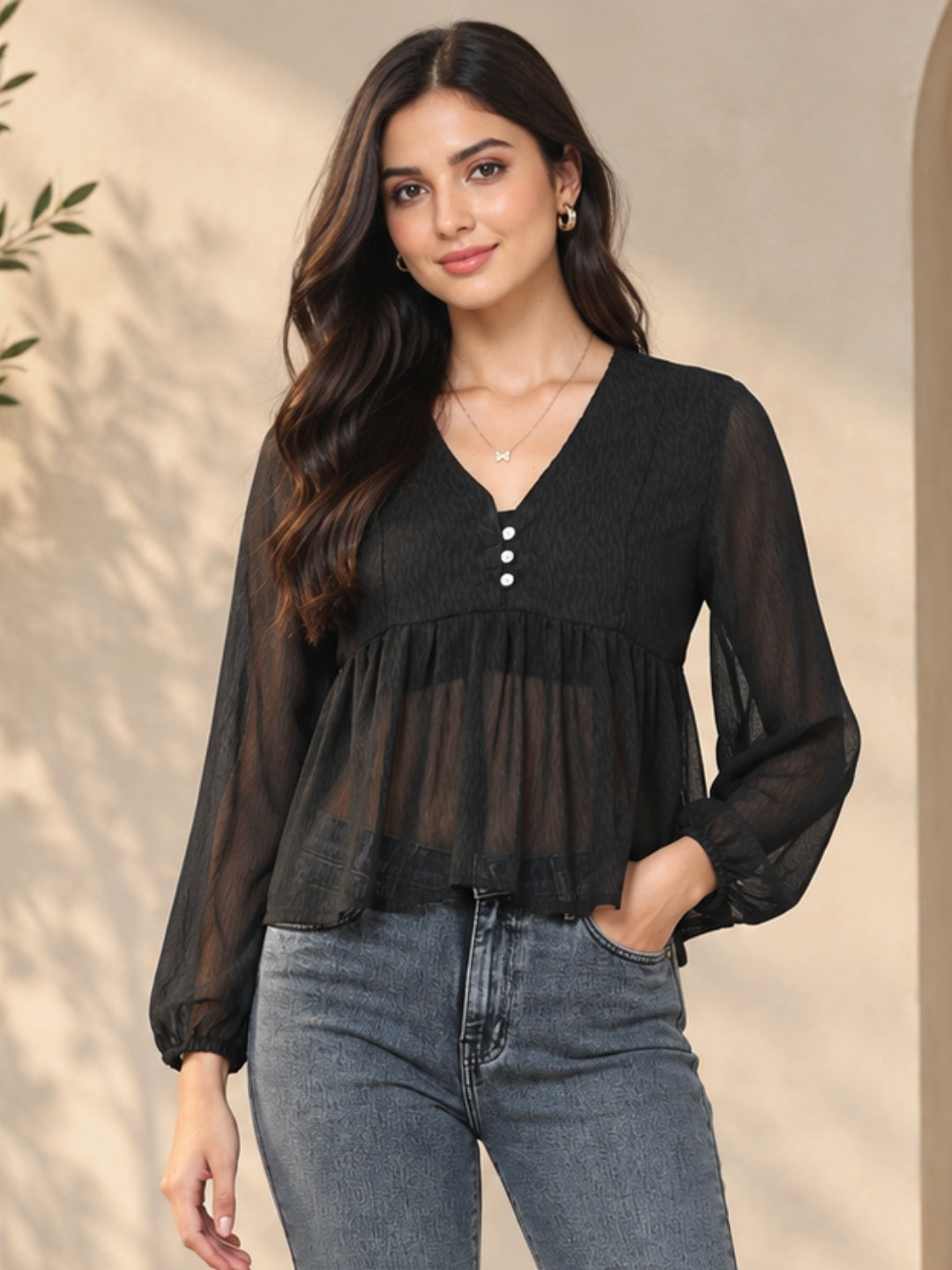 Living CO Women Charcoal Black Viscose Georgette V Neck Long Sleeves Stitched Flared Top