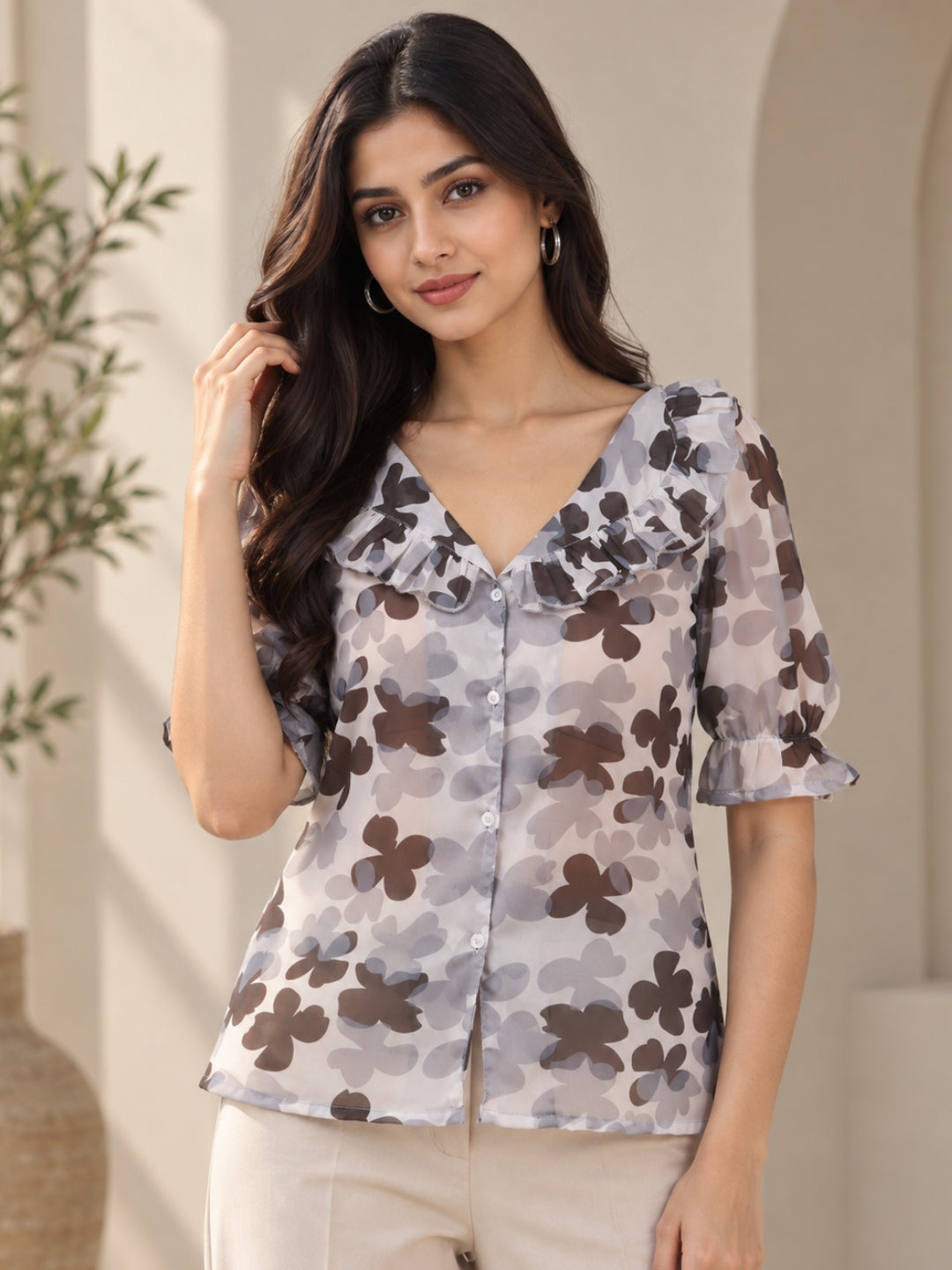 Women’s Elegant Grey Floral Printed Ruffled V-Neck Button-Front Puff Sleeve Casual Top
