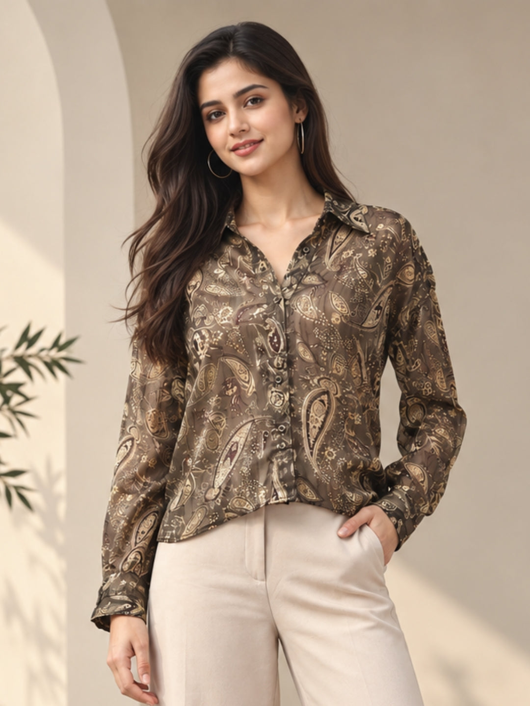 Women’s Brown Paisley Print Full Sleeve Shirt