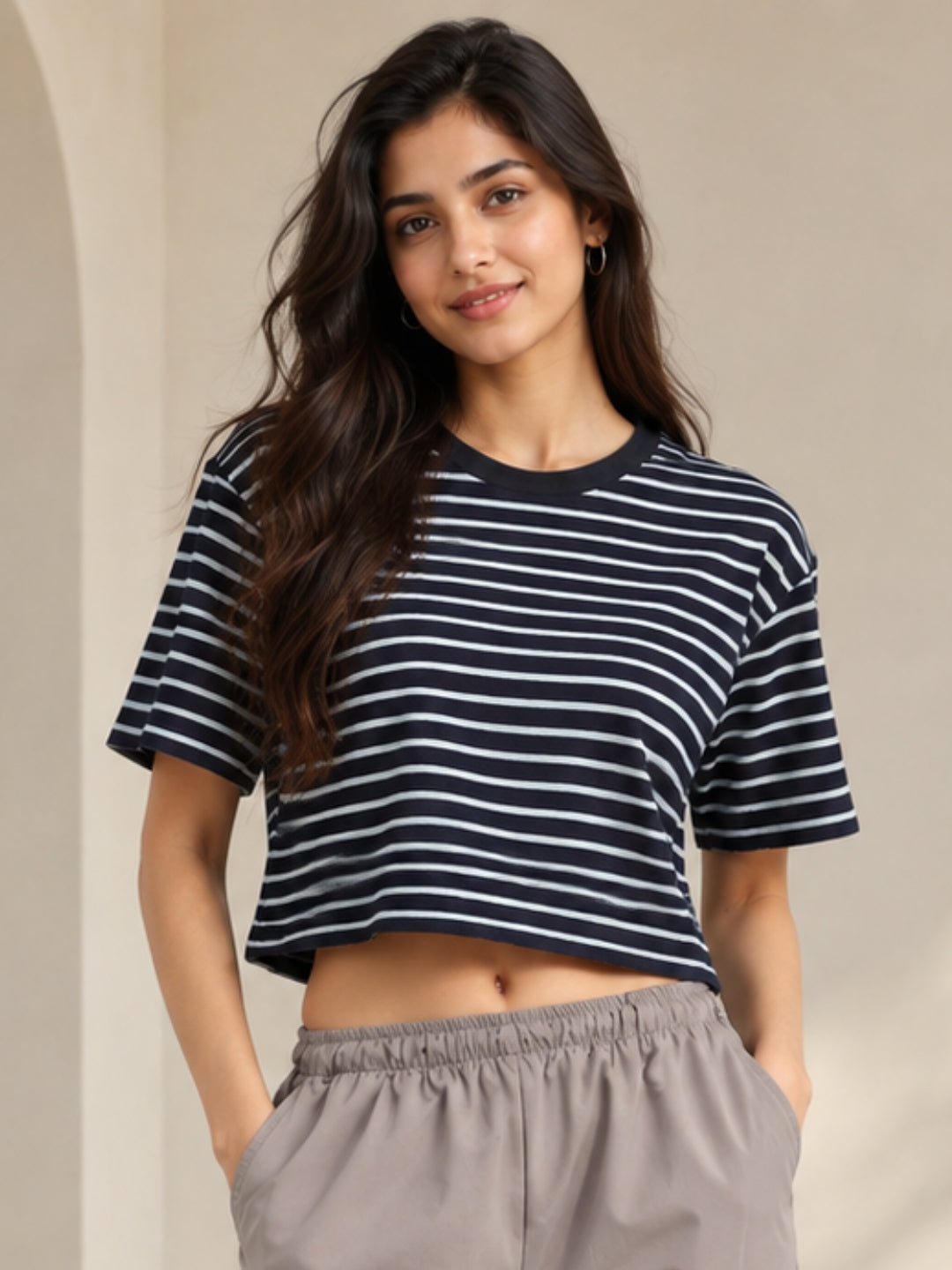 Women’s Navy Blue and White Striped Cotton Cropped T-Shirt with Crew Neck