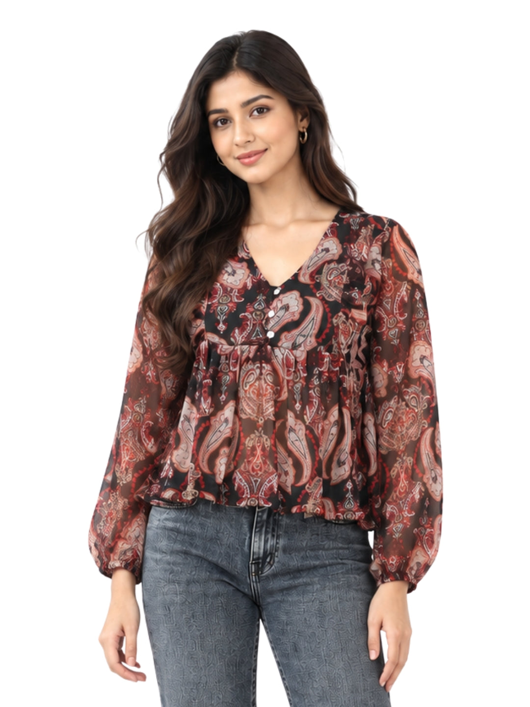 Living CO Women Black Red Paisley Viscose Georgette V Neck Long Sleeves Peplum Top