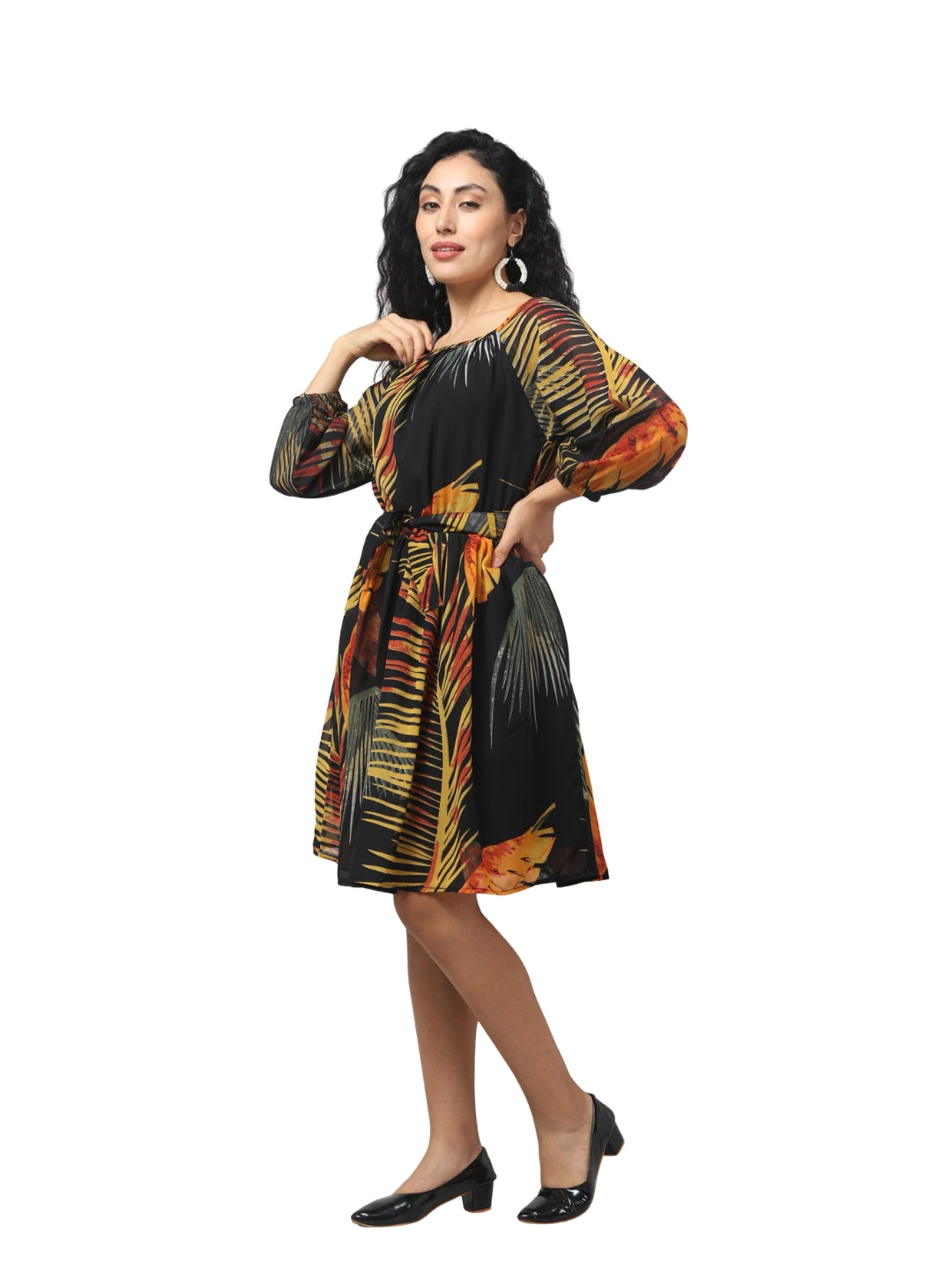 Living CO Women Multicolor Georgette Round Neck Bell Sleeves Stitched Printed Knee Length One Piece Dress
