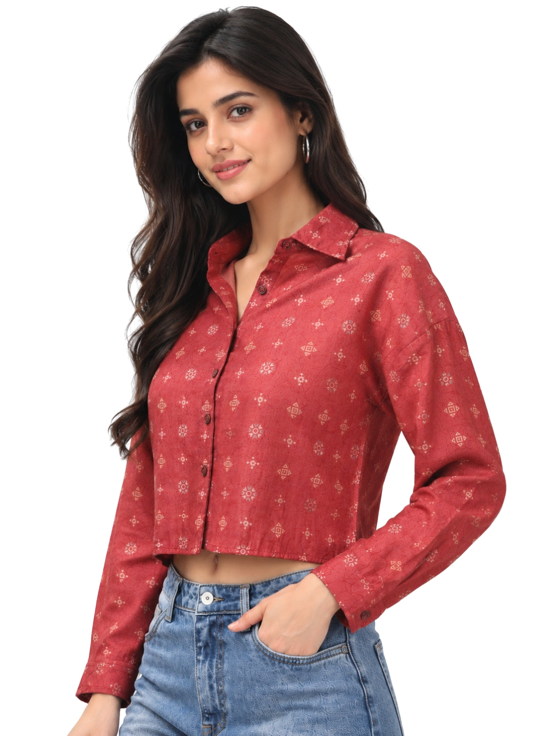 Women’s Red Printed Cropped Shirt | Full Sleeve Button-Down Top