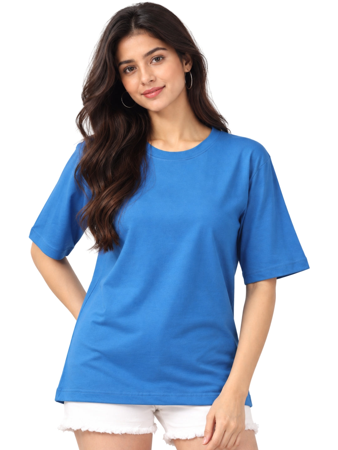 Living CO Women Blue Cotton Round Neck Half Sleeves Stitched Casual T Shirt