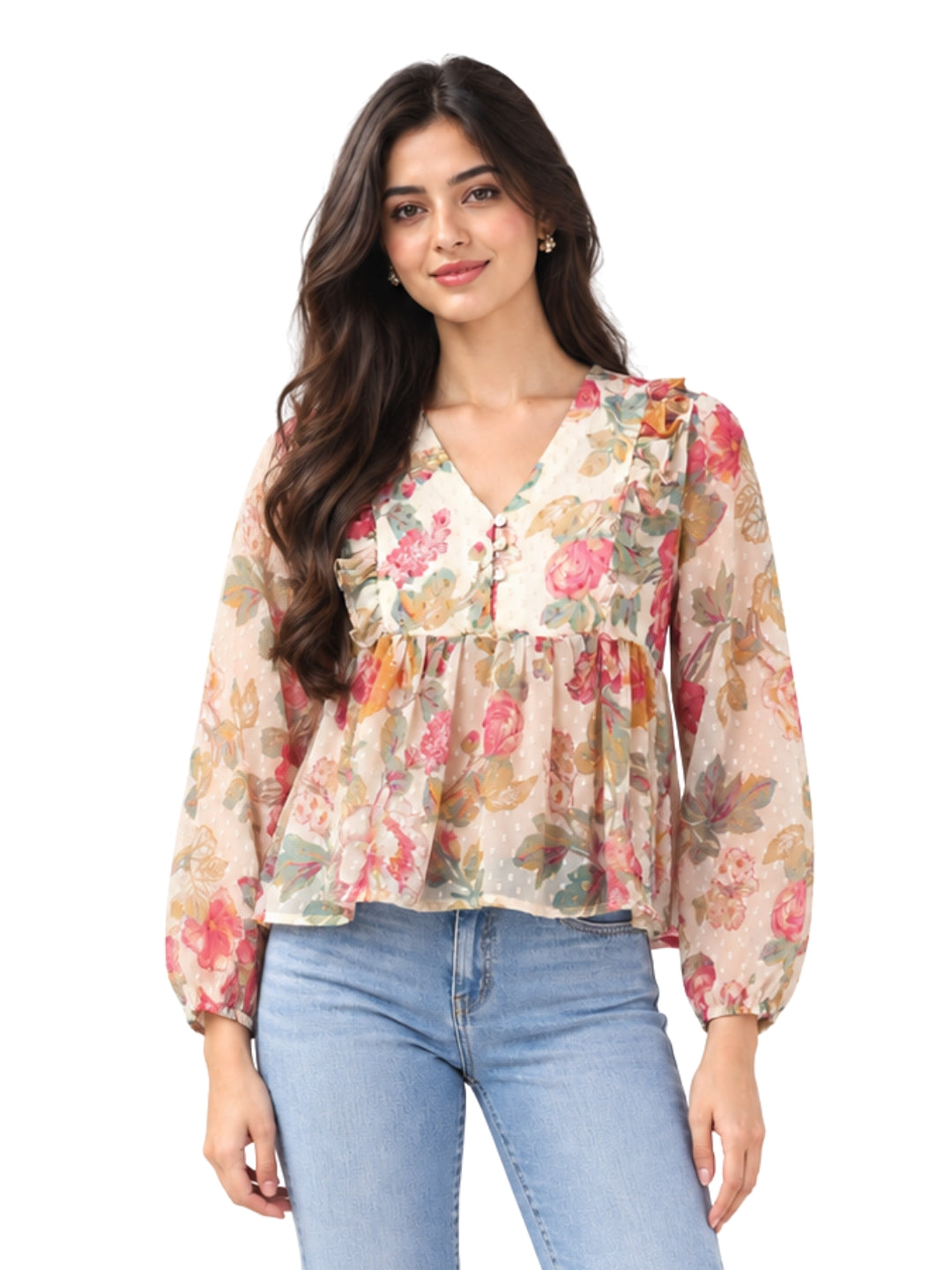 Living CO Women Beige Floral Viscose Chiffon Georgette V Neck Ruffled Peplum Top