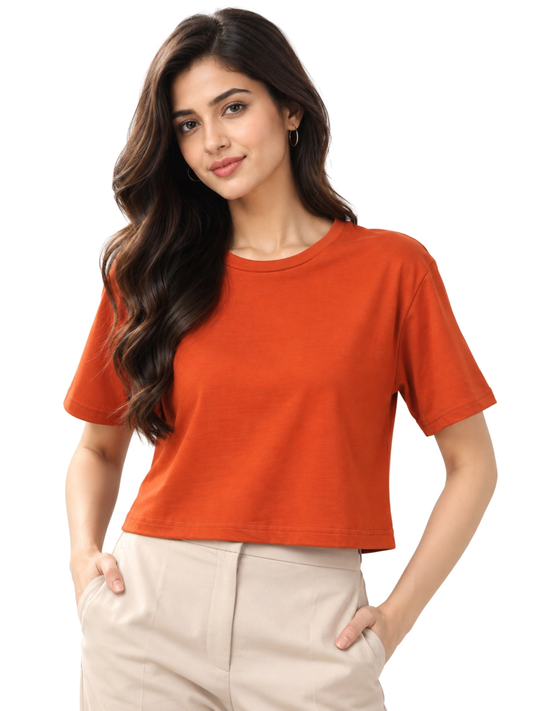 Women’s Rust Cotton Cropped T-Shirt with Crew Neck and Short Sleeves
