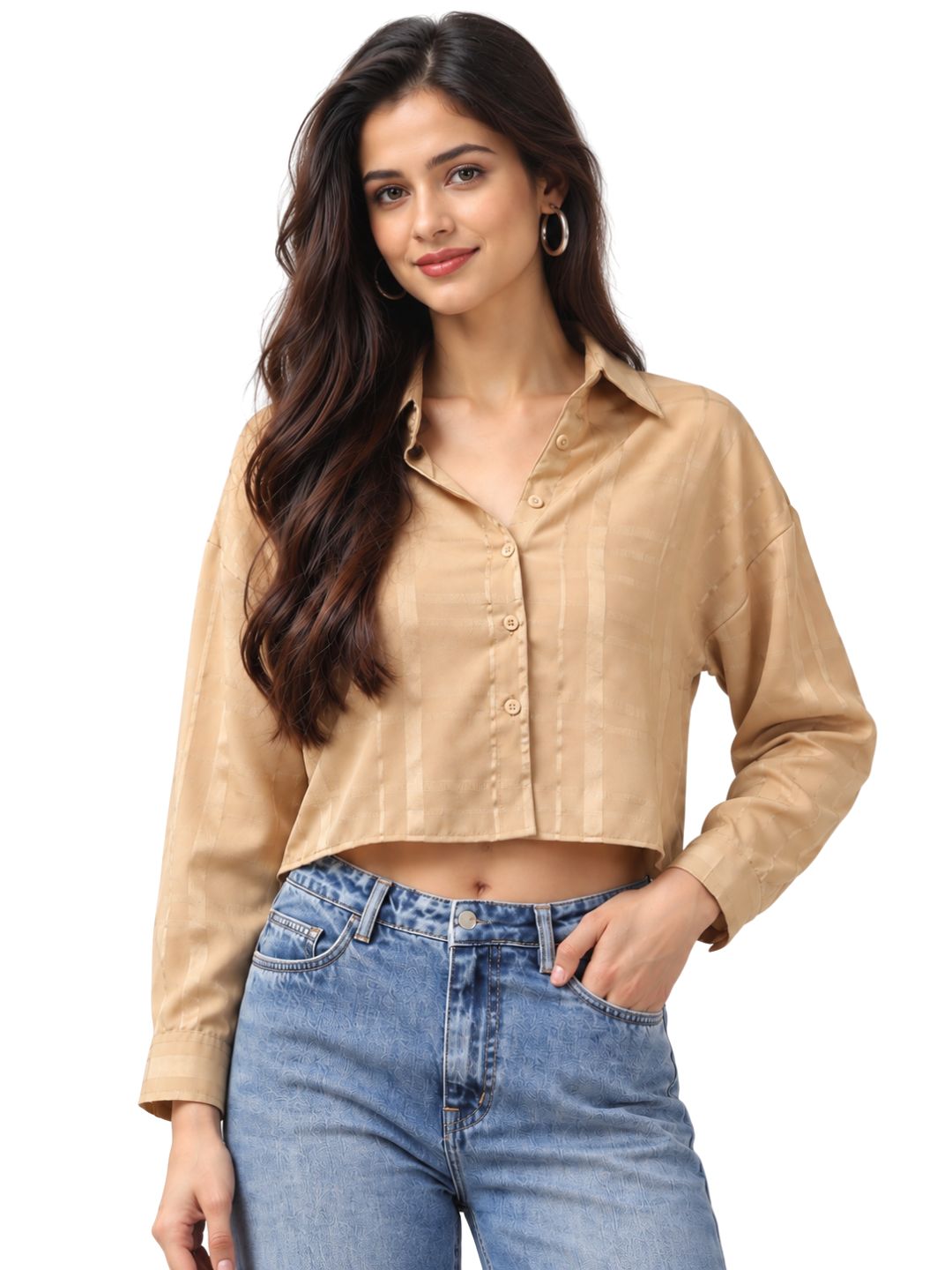 Women’s Beige Checked Cropped Full Sleeve Collared Button-Down Crop Top with Subtle Check Pattern