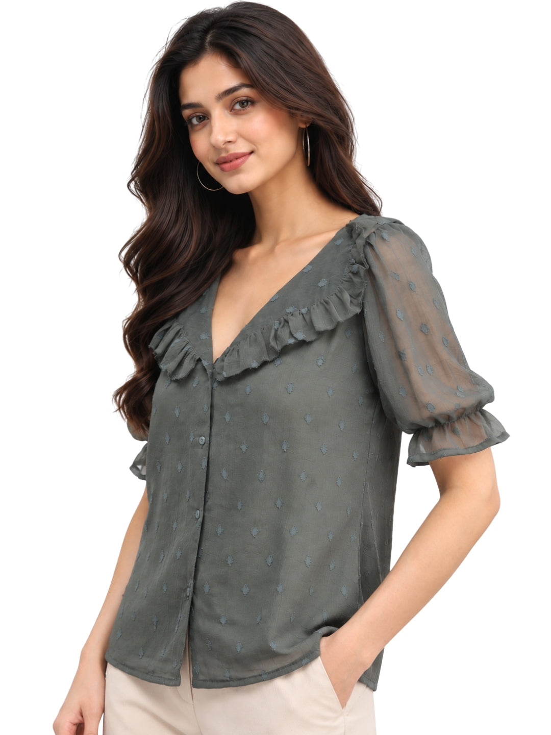 Women’s Elegant Olive Green Ruffled V-Neck Button-Front Sheer Sleeve Casual Top