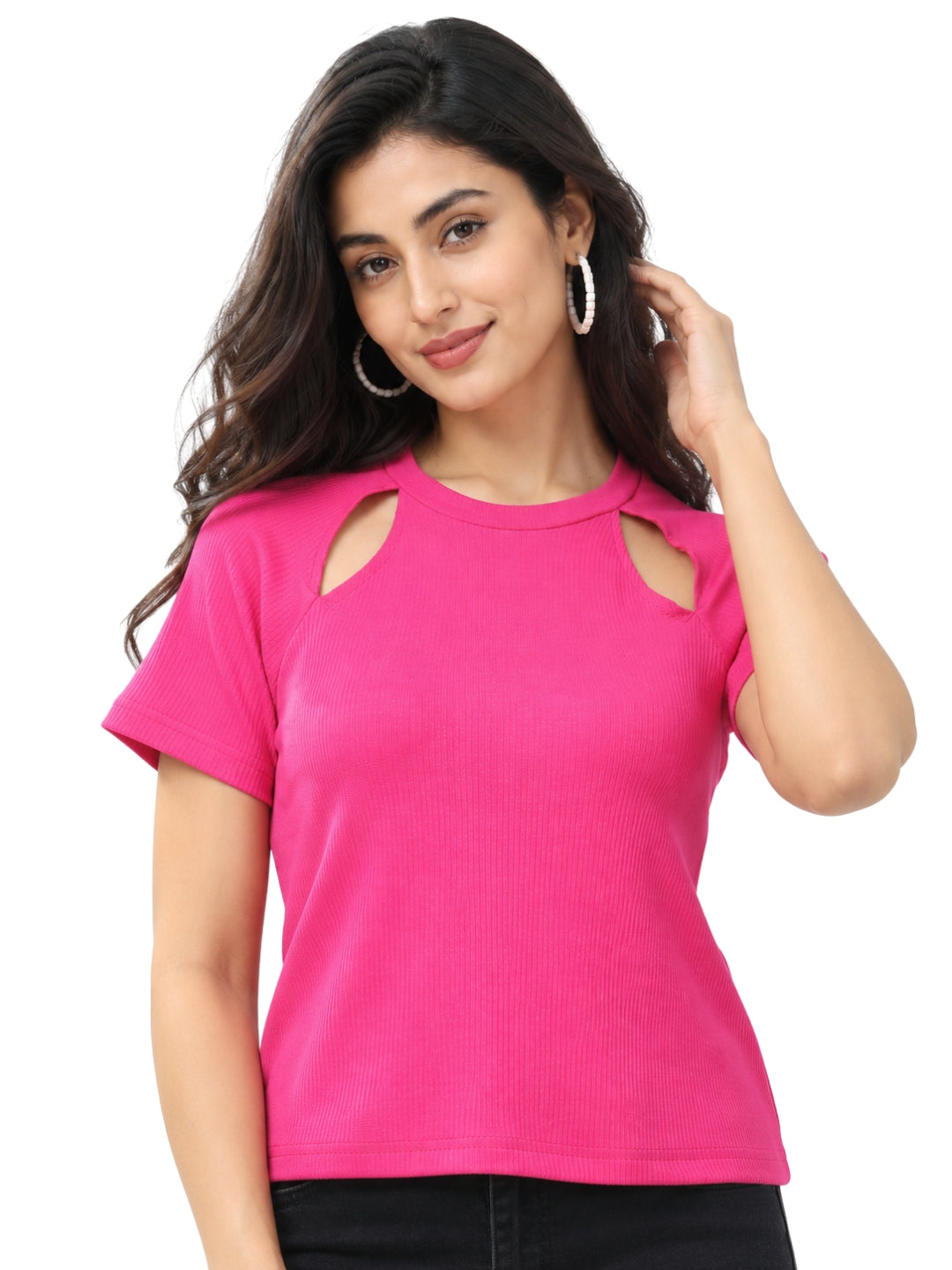 Living CO Women Dark Pink Ribbed Round Neck Short Sleeves Stitched Casual Top