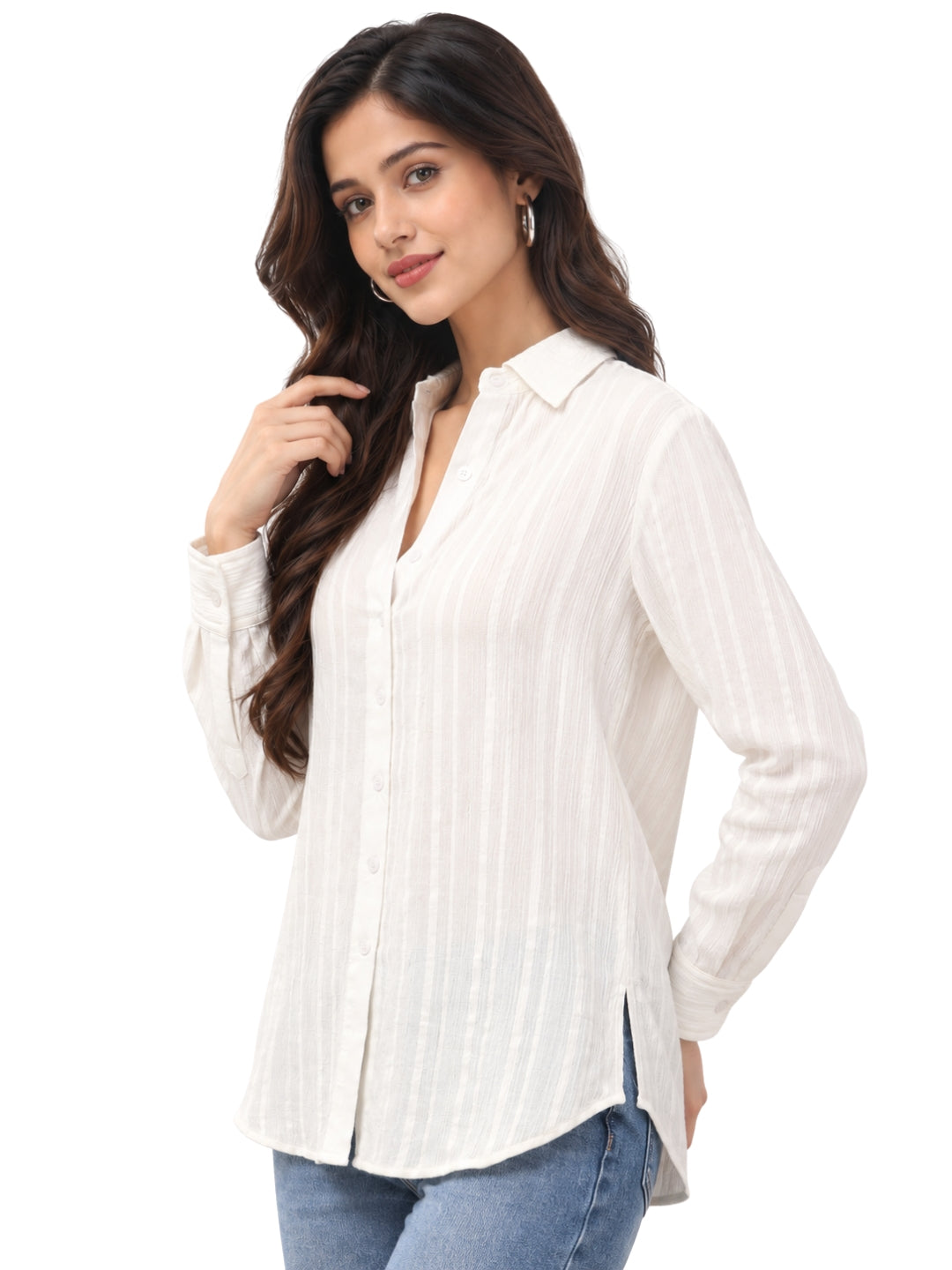 Women’s White Textured Striped Relaxed Fit Shirt