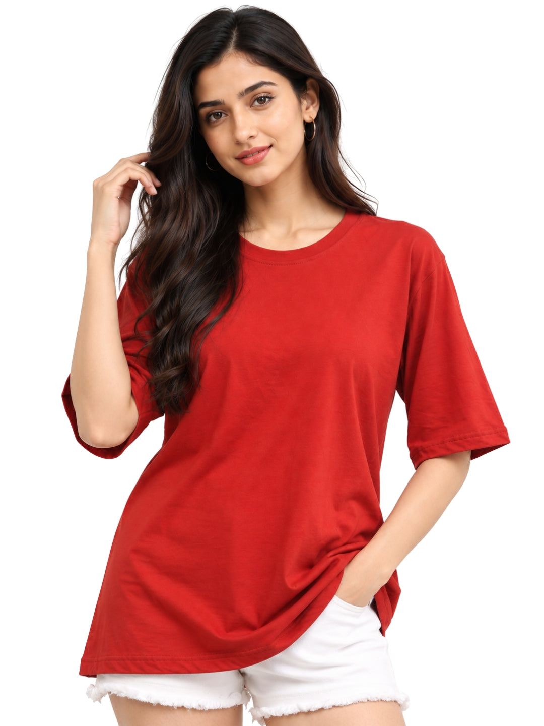 Living CO Women Red Cotton Round Neck Half Sleeves Stitched Casual T Shirt