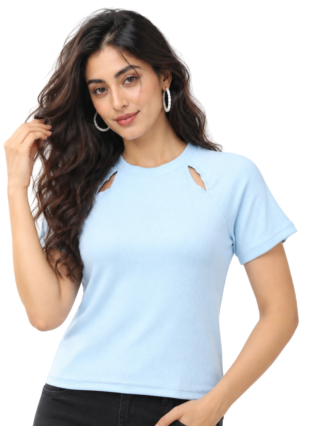 Living CO Women Sky Blue Ribbed Round Neck Short Sleeves Stitched Casual Top