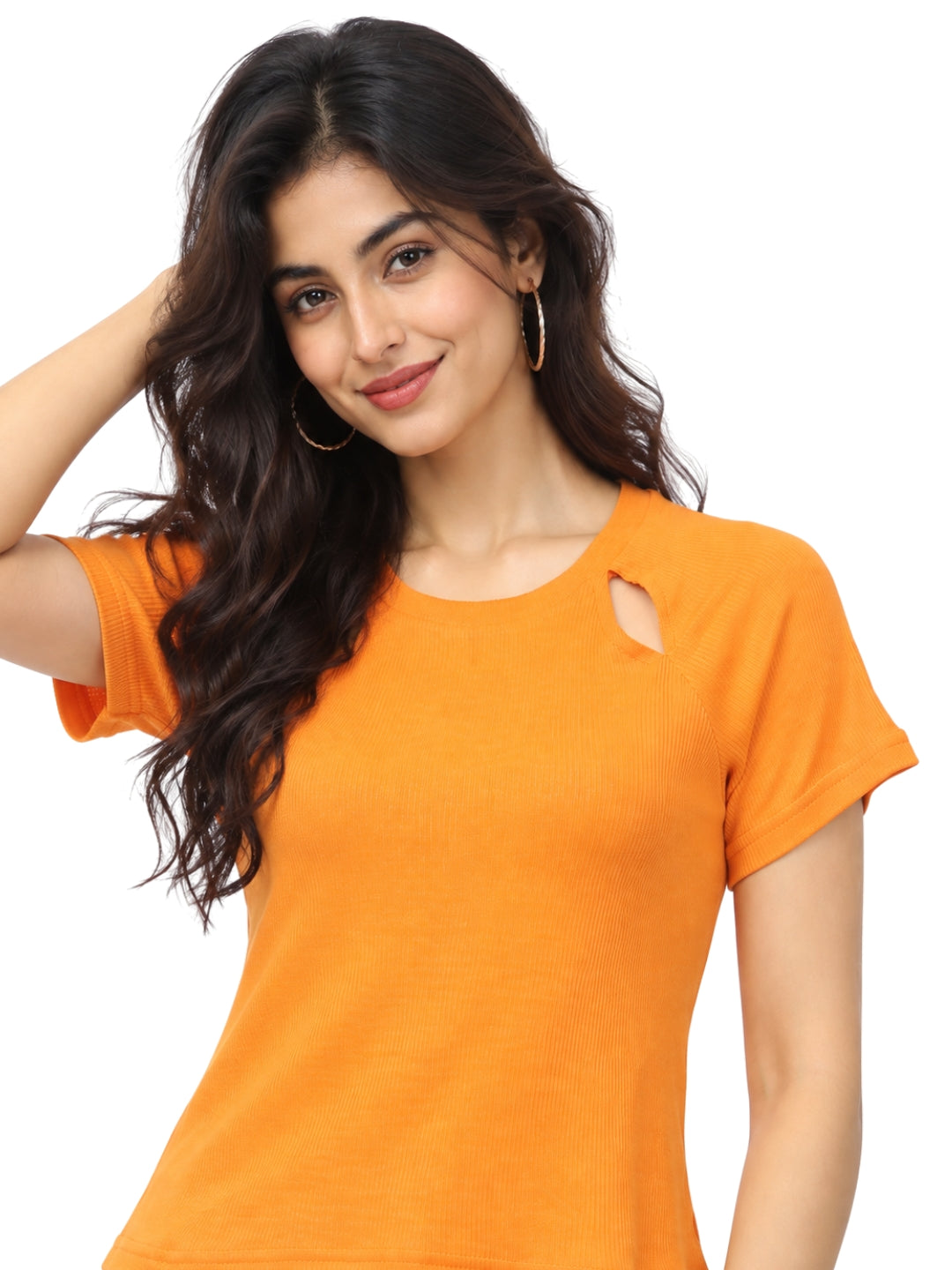 Living CO Women Light Yellow Ribbed Round Neck Short Sleeves Stitched Casual Top