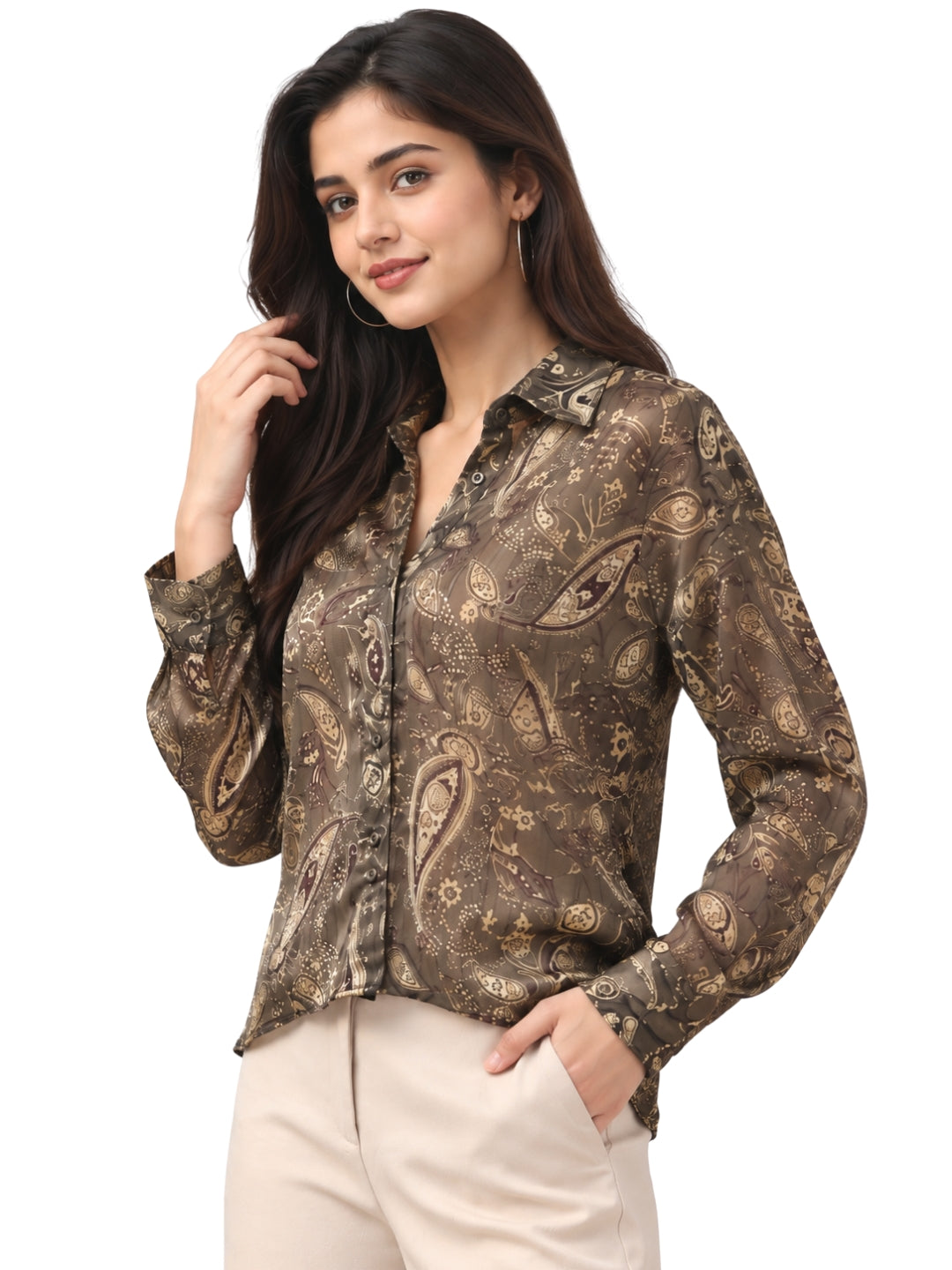 Women’s Brown Paisley Print Full Sleeve Shirt