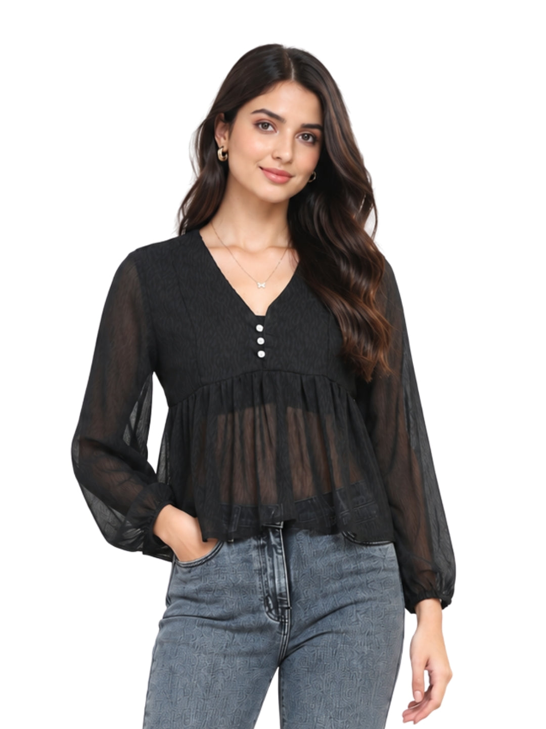 Living CO Women Charcoal Black Viscose Georgette V Neck Long Sleeves Stitched Flared Top