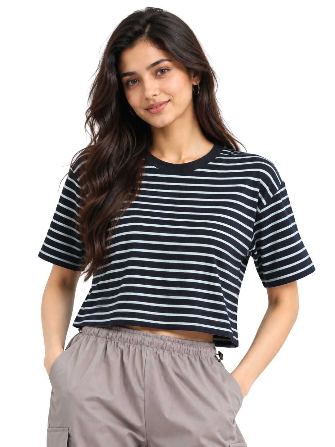 Women’s Navy Blue and White Striped Cotton Cropped T-Shirt with Crew Neck