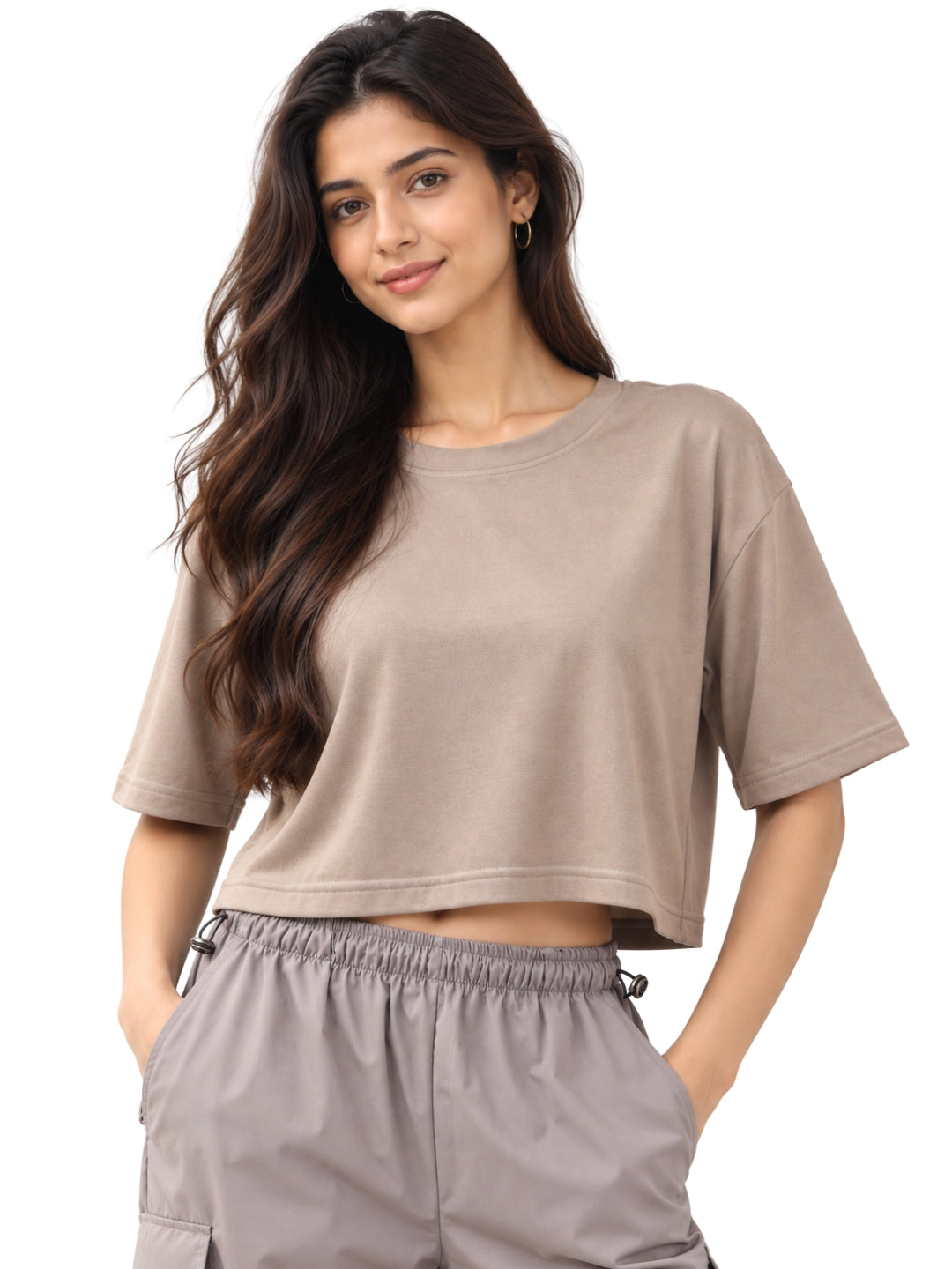 Women’s Beige Cotton Cropped T-Shirt with Crew Neck and Short Sleeves Casual