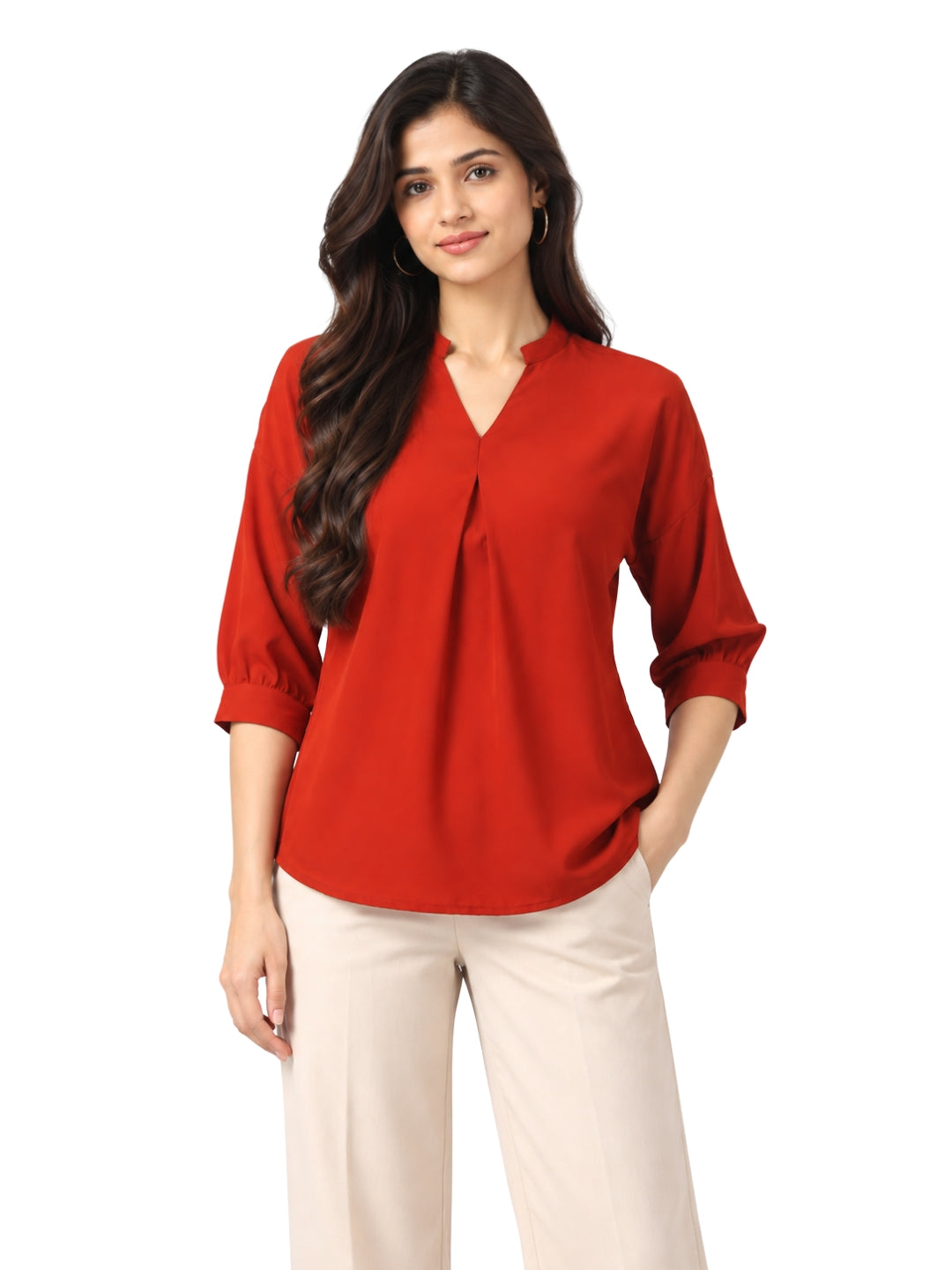 Living CO Women Rust Viscose Blend V Neck Three Quarter Sleeves Stitched Casual Top