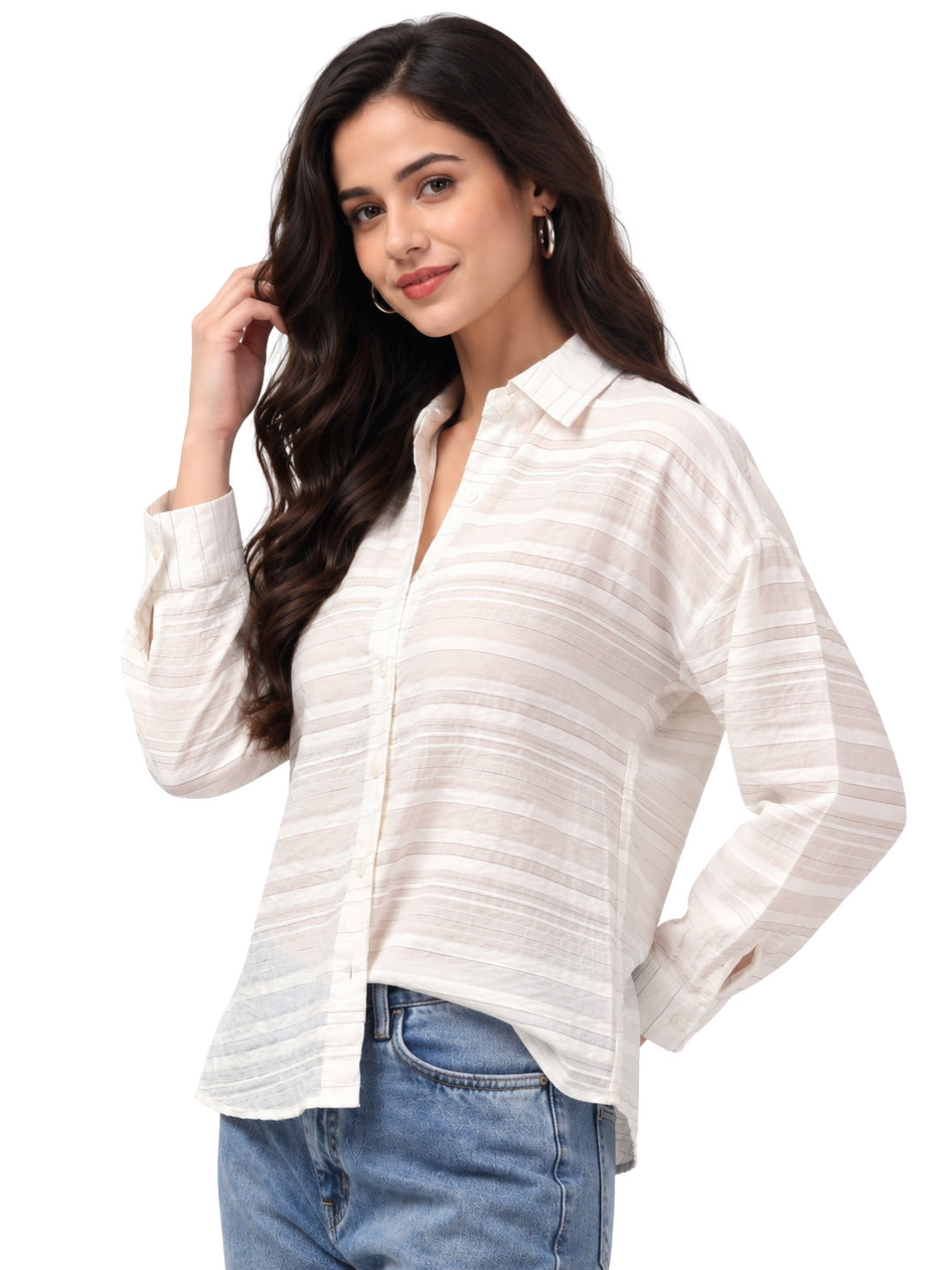 Women’s White Striped Shirt | Full Sleeve Casual Button-Down Top