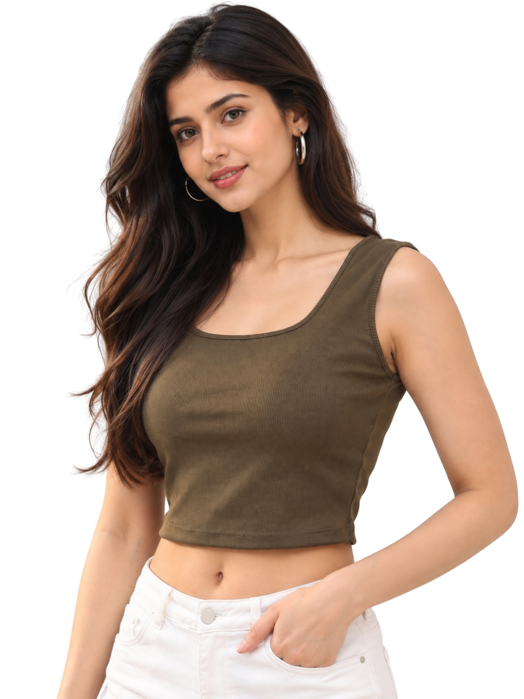Women’s Olive Green Sleeveless Ribbed Scoop Neck Fitted Crop Top for Casual Wear