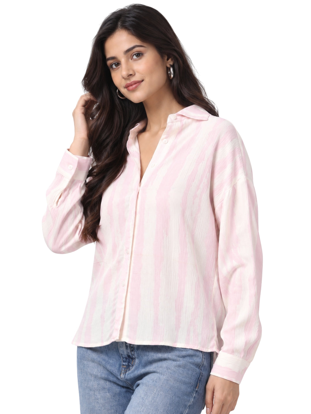 Soft Pink Textured Striped Shirt for Women
